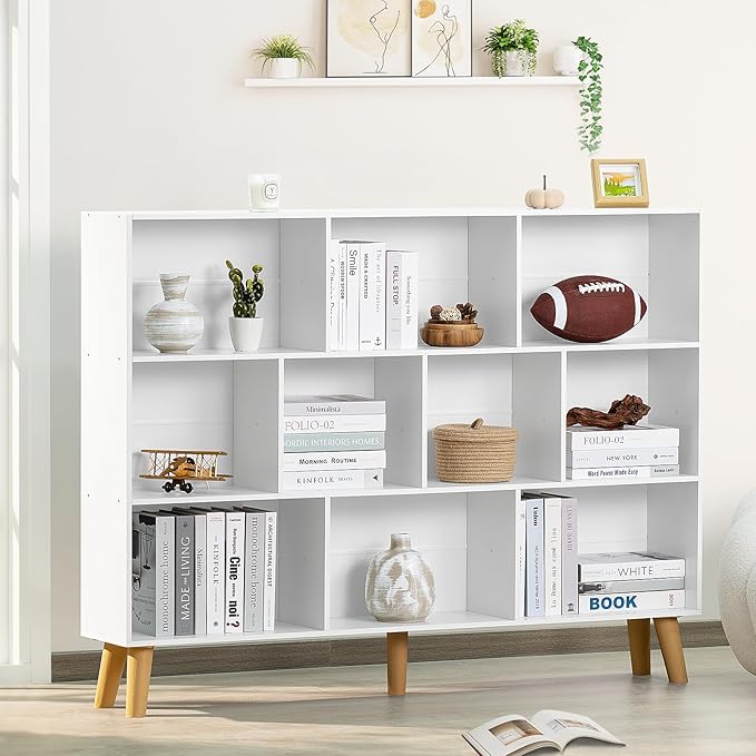 YAHARBO 10 Cube Large Bookshelf,3 Tier Bookcase with Legs,White Mid-Century Modern Bookshelves,Wide Free Standing Open Storage Organizer Shelf,Tall Wooden Book Case Furniture for Living Room,Office