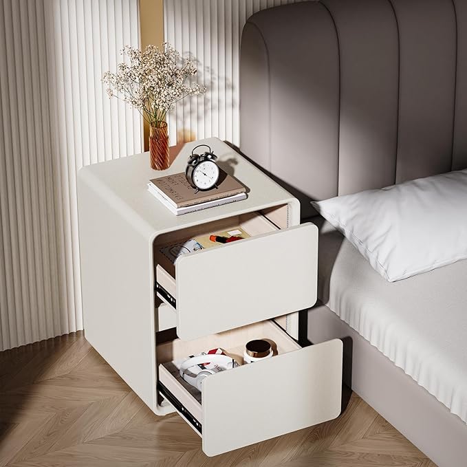 VICITON Modern Narrow Faux Leather Nightstand, Solid Wood Drawer, Storage Accent Table, Small Side End Table for Bedroom (Cream White, Large(15.7inch))