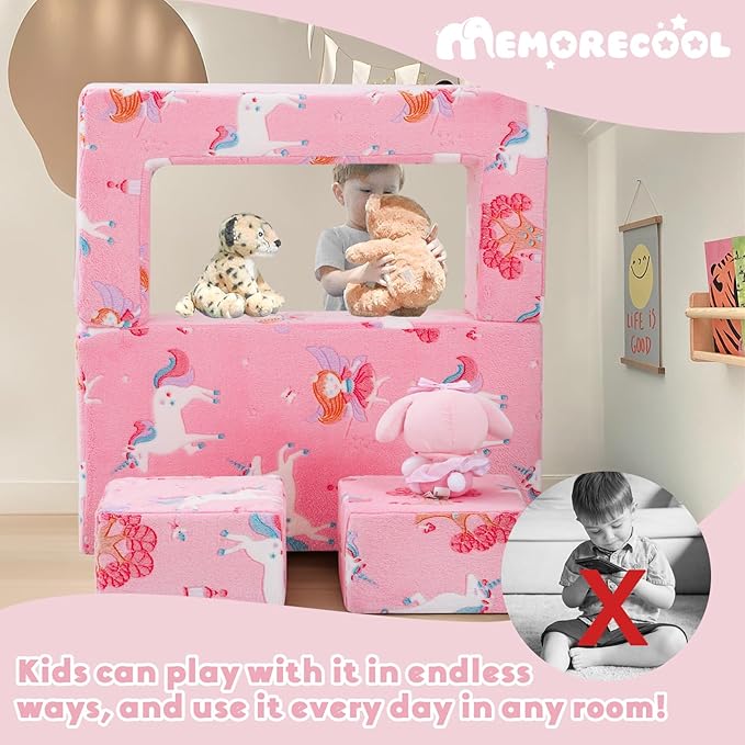 MeMoreCool Modular Kids Couch, Glow Play Toddler Couch for Bedroom Playroom, Convertible Foam Kids Sofa Bed, Fold Out Baby Sofa for Girl Boy, Pink Fairy