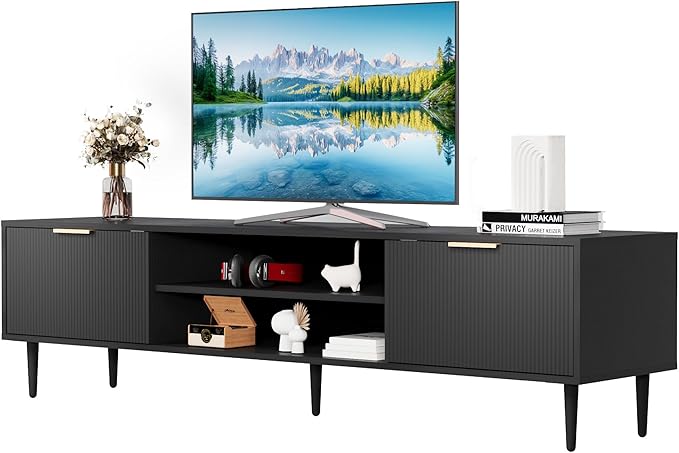 GarveeHome Black TV Stand, TV Stands for Living Room 75 inch, Entertainment Center with 2 Large Storage Cabinets, Media Console Table, Metal Handle Door, TV Stand for Bedroom, Office Furniture