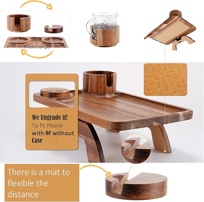 Nnewvante Couch Cup Holder Tray, 3 in 1 Large 15.36"x9.85" Acacia Wood Sofa Arm Clip on Tray Table with 360°Rotated Phone Holder on Armrest