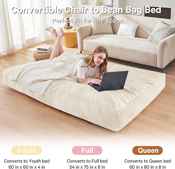 Bean Bag Chairs for Adults - Giant Bean Bag Chair Convertible Bean Bag Bed - Beanbag Chair with Micro Fiber Cover/Furniture Foam Filler - Floor Couch Sofa in Bedroom Dorm Room - Queen Beige