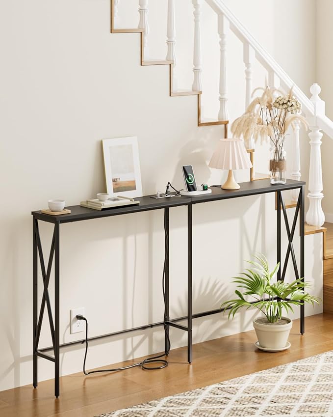 Masupu 63" Console Table with Power Outlet, Modern Narrow Long Sofa Table Behind Couch, Skinny Entry Table, Industrial Sofa Table with Metal Frame for Hallway, Living Room, Classic Black