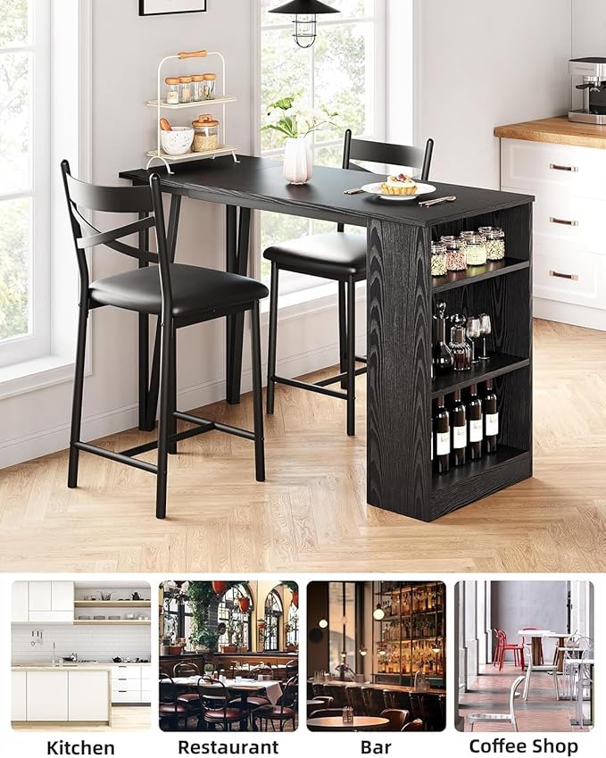 GAOMON 3 Piece Bar Table Set for 2, Bar Table and Chairs Set with with Flip Top Extension, Dining Table Set with Storage Shelves, Suitable for Small Space Kitchen Apartment, Black