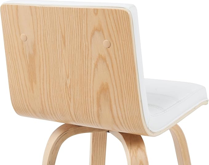 Vienna Modern Swivel Bar Height Stool with White Faux Leather Seat and Patterned Oak Wood Frame Set of 2