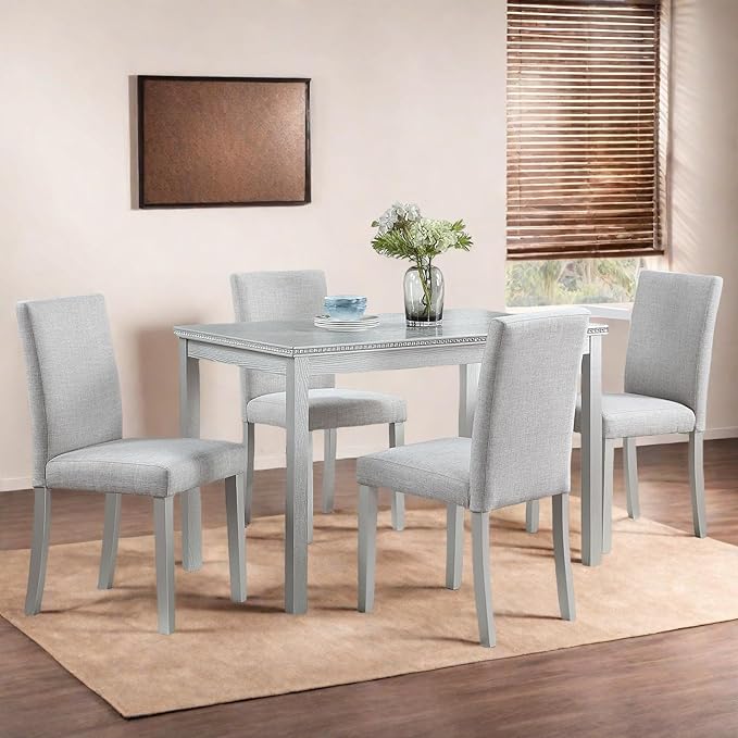 Dining Table Set for 4, 5-Piece Dining Room Table Set with Rectangular Crystal Decoration Table & 4 Upholstered Backrest Chairs, Counter Height Kitchen Sets with MDF Tabletop, Silver Gray