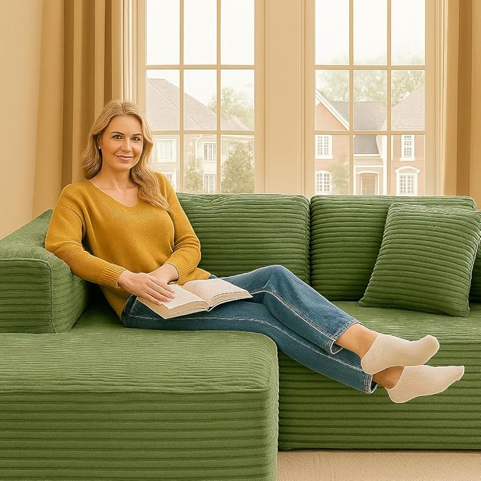 COMHOMA 105”Modular Sectional Sofa with Deep Seat,Cloud Upholstered L-Shape Couch Wide Arms Corduroy Fabric High-Density Foam Chaise Lounge for Living Room No Assembly Required