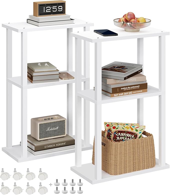 TUTOTAK Small Side Table, Narrow End Table, Bedside Table, Set of 2, Couch Side Table with Wheels for Living Room or Bedroom, White TB01BW0612