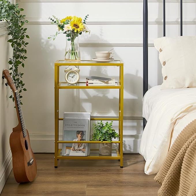 IBUYKE Glass End Table for Small Space, Narrow Side Tables with Storage Shelf, Bedside Table Slim Nightstand with Magazine Holder, for Living Room Home Office, Clear Gold UTMZ002G