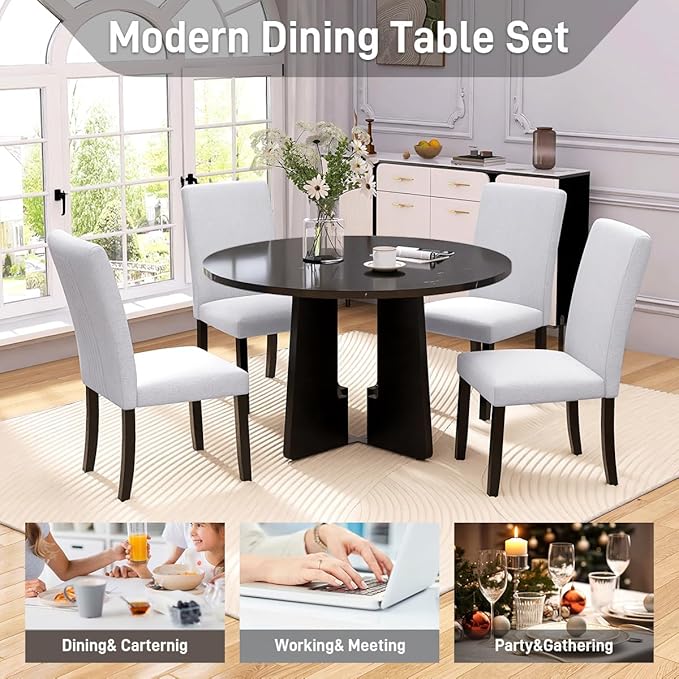 Ball & Cast Dining Table Set for 4 W/ 4 Upholstered Chairs,5 Piece Dining Table W/ 43" Round Faux Marble Table,Kitchen Table and Chairs for Living Room,Dining Room,Restaurant,Beige+Black