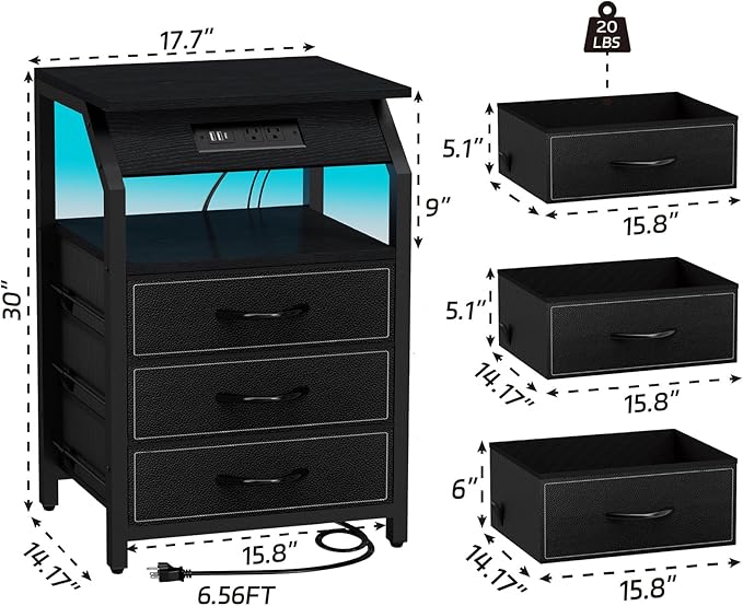 End Tables Set of 2, Nightstands with Charging Station and LED Lights, 3 Drawers Fabric Dressers, Storage Side Tables for Bedside, Living Room, Modern Black