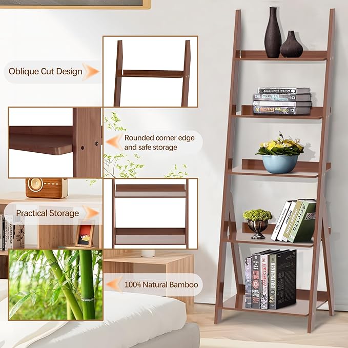 DOUSY-5-Tier Ladder Shelf Bookcase, Bamboo Ladder Bookshelf Leaning Book Shelf, Freestanding Storage Shelf Boho for Living Room, Home Office, Bedroom, Balcony, Walnut
