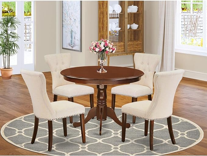East West Furniture HLGA5-MAH-32 5 Piece Dining Room Furniture Set Includes a Round Dining Table with Pedestal and 4 Light Beige Linen Fabric Parsons Chairs, 42x42 Inch, Mahogany