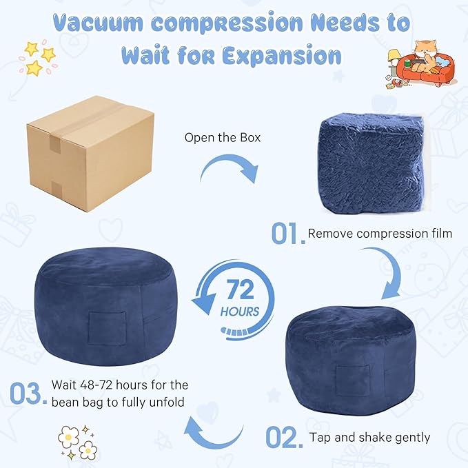 Kids Bean Bag Chair Bed - Convertible Lazy Chair to Floor Mattress with Filler - Small Beanbag Chair for Boys and Girls - Floor Couch Sofa in Bedroom, Classroom, Reading Nook - Navy Blue