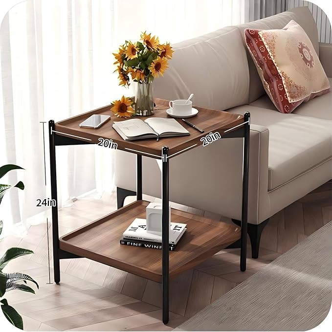 Solid Wood Nightstand with 2-Tier Storage Shelf - Versatile Bedside Table, Sofa Side Desk & Compact Coffee Table for Small Spaces, Space-Saving Design for Living Room/Bedroom (Walnut Finish)
