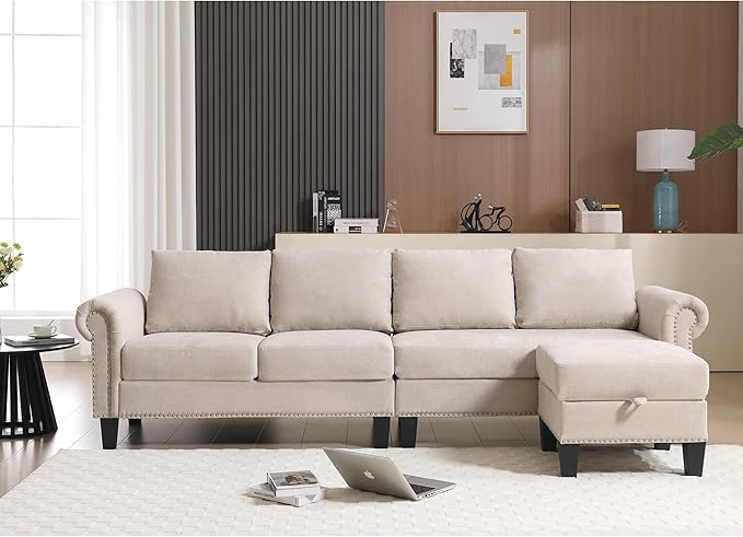 Ball & Cast 106" Convertible Sectional Sofa with Storage Chaise, Linen Upholstered 4 Seater Couch with Back Cushions and Removable Ottoman for Living Room, Apartment, Office,Beige