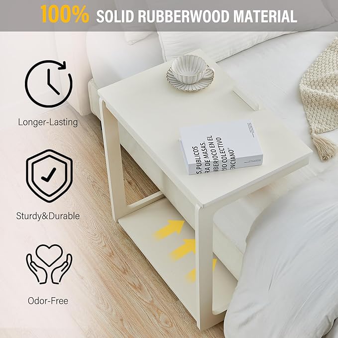 CozyDH Adjustable C Shaped End Table, Rolling Side Table Solid Wood TV Sofa Tray Table for Couch Arm Eating Multi-Purpose, Small Coffee Table with Wheels Living Room Bedroom, White