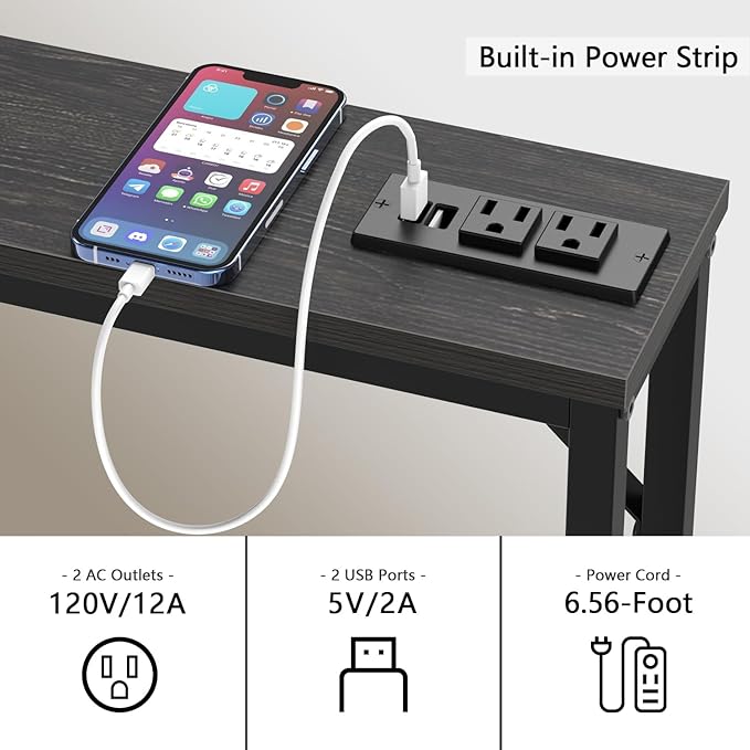 Tohomeor Skinny 5.9" Console Table 47.24" Narrow Long Sofa Table with Power Outlets USB Ports Industrial Wooden Entry Table for Entryway Living Room Hallway (L-94.4xW-5.91, Charcoal)
