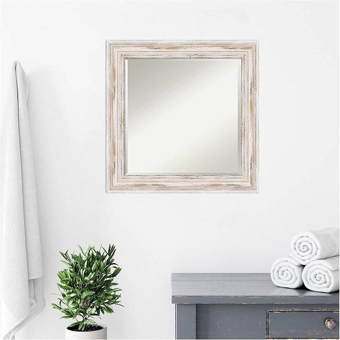 Amanti Art White Bathroom Mirror for Over Sink, 25x25 Alexandria White Wash Square Vanity Mirror, Medium Coastal Wood Frame, Hangs Horizonally and Vertically, Bathroom Wall Decor, Beveled Edge from WI