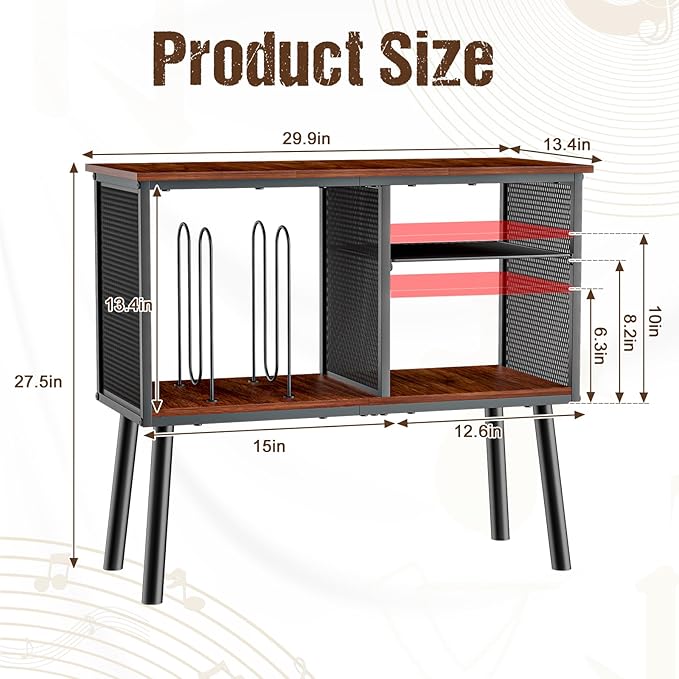 Record Player Stand with Adjustable Divider, Vinyl Storage Holder Up to 200 Albums, Mid-Century Large Record Player Table, Vinyl Holder Turntable Stand End Table Storage Rack for Bedroom & Living Room