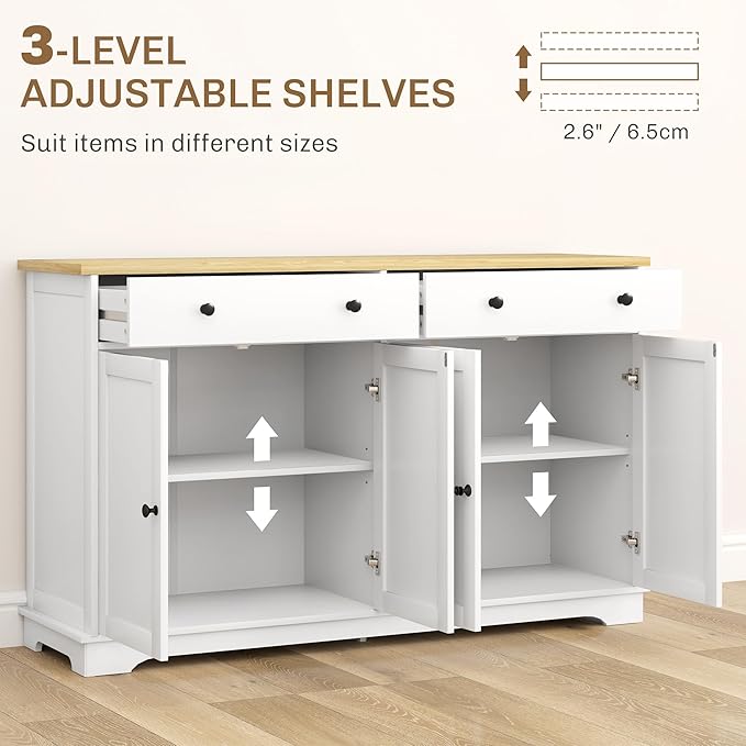 HOMCOM Sideboard Buffet Cabinet with Storage, 55" Modern Kitchen Cabinet with 4 Doors, 2 Drawers and 2 Adjustable Shelves, Coffee Bar, White