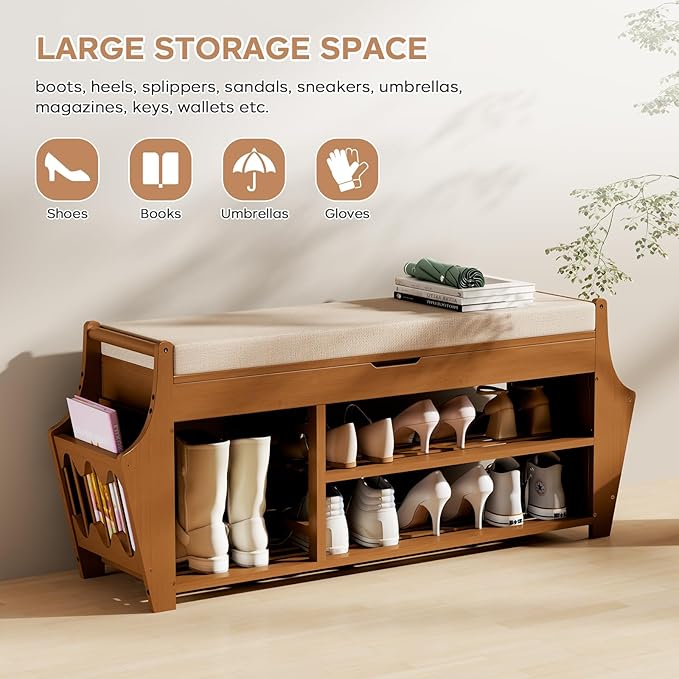 39.4in Shoe Bench with 2 Side Holder, 3 Tier Bamboo Entryway Bench with Storage, Shoe Rack Bench Organizer with Cushion for Entryway Hallway Living Room, Holds up to 330lbs