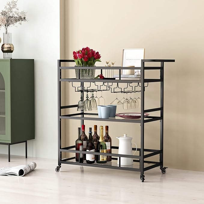 Black Metal Bar Carts with 3 Tier Glass Shelves, Rolling Serving Bar Cart with Wine Rack and Glass Holder, Industrial Bar Carts & Wine Carts on Wheels for Kitchen, Indoor & Outdoor