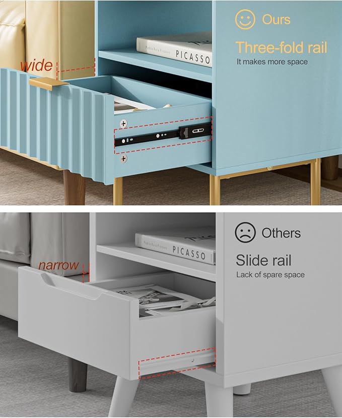 Nightstand,Modern Bedside Table with Gold Frame,Blue Night Stand,Bedside Furniture, Modern Side Table with Drawer and Shelf for Bedroom,Living Room (Blue)