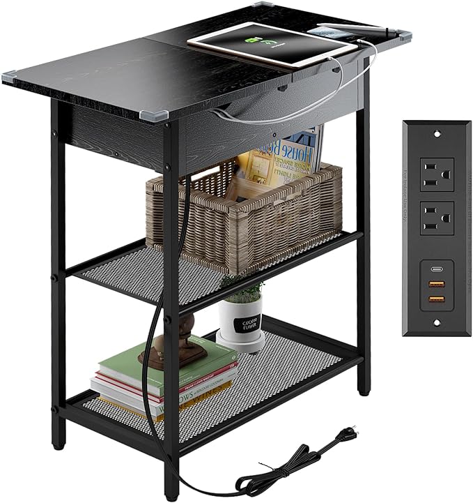 SAUCE ZHAN Sofa Side Table with 20W USB C Fast Charging Ports and Outlets, Bedside Nightstand with Charging Station, Narrow End Table with Storage Shelf for Small Spaces, Living Room, Bedroom Black