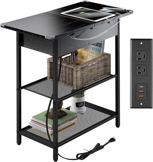 SAUCE ZHAN Sofa Side Table with 20W USB C Fast Charging Ports and Outlets, Bedside Nightstand with Charging Station, Narrow End Table with Storage Shelf for Small Spaces, Living Room, Bedroom Black
