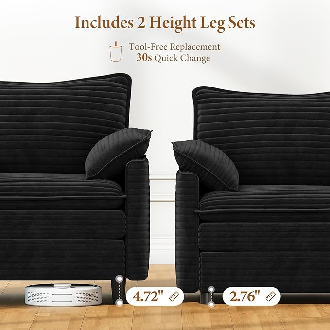 Vesgantti 108" U Shaped Sectional Couch, Comfy Cloud Modular Sectional Sofa with 2 Ottoman Deep Seat Corduroy Modern Cloud Sofa, Modular Sofas for Living Room, Bedroom and Apartment, Black