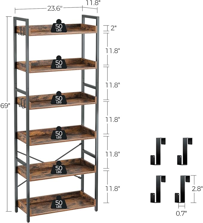 Rolanstar Bookshelf 6 Tier with 4 Hooks, Industrial Bookcase, Vintage Storage Rack with Open Shelves, Rustic Standing Bookshelves Metal Frame Display Rack for Living Room, Bedroom, Rustic Brown