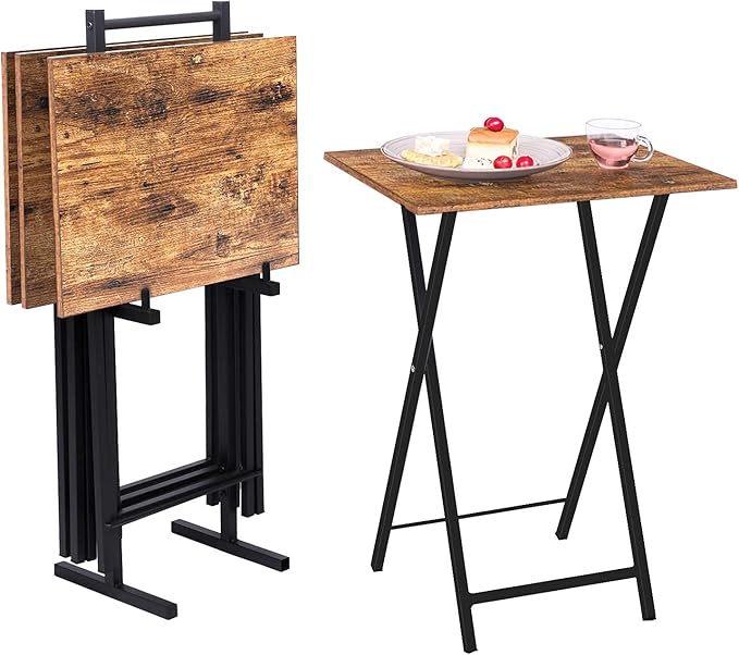HOOBRO Folding TV Tray Tables, Set of 4 TV Trays with Storage Rack, Industrial Side Table for Eating at Couch, Foldable Snack Table for Small Space, Easy Assembly, Rustic Brown and Black BF50BZ01