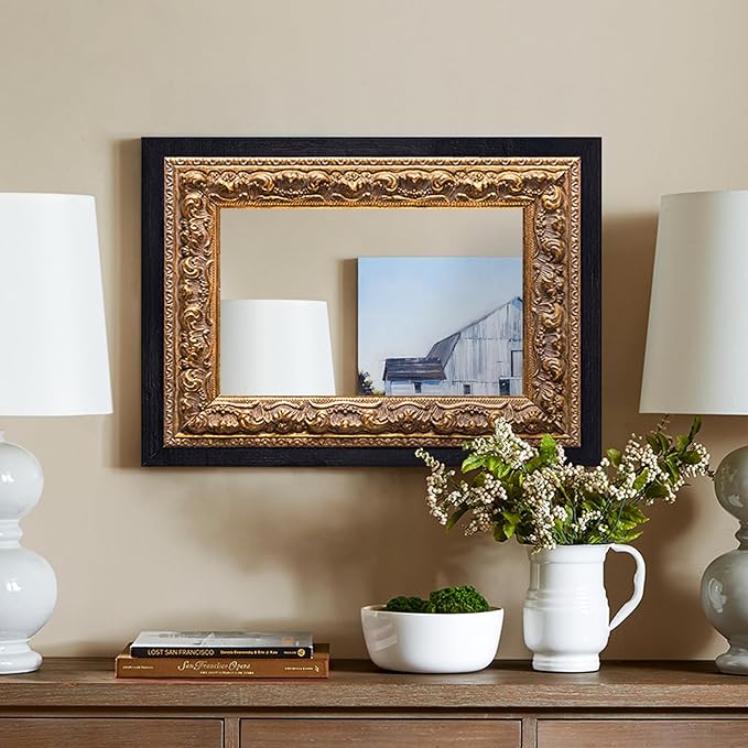 Small French Antique Mirror, 14”x11” Black Vintage Table Mirror for Vanity with Handmade Aging Foil Flower Petal Carvings Wooden Frame (Black and Gold, 14”x11”)