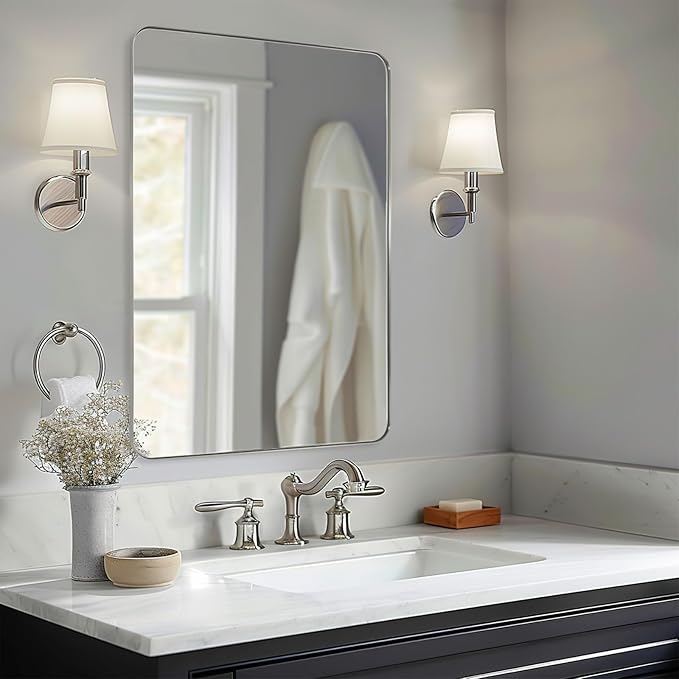 ANDY STAR 36"x48"Chrome Bathroom Mirror, Large Wall Mirror for Bathroom, Rounded Rectangle Mirror in Premium Stainless Steel Metal Frame Hangs Horizontal Or Vertical…
