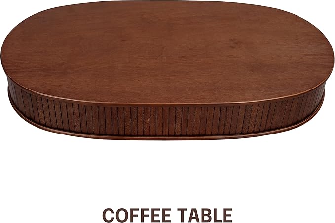 NTC Stream DOU Coffee Table, Modern Double-Layer Oval Wooden Center Table with Vertical Groove Design, Stylish Living Room Decor, Contemporary Minimalist Style, Easy Assembly - Dark Walnut