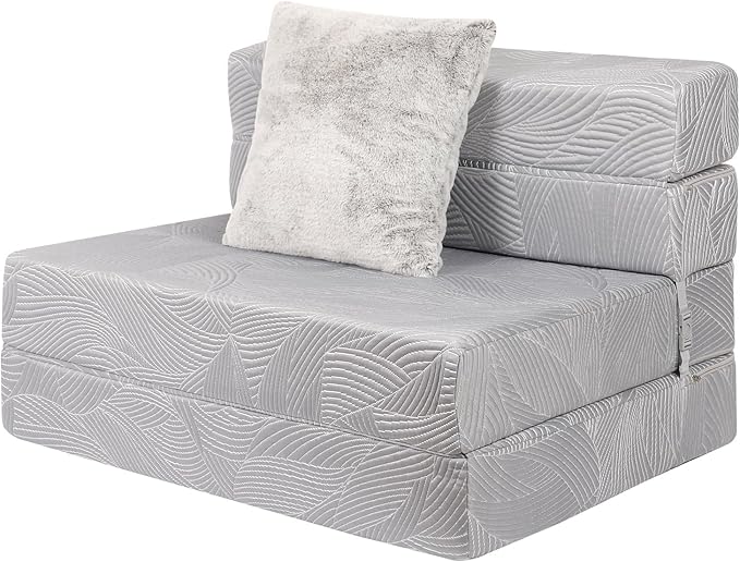 Tri Folding Sofa Mattress, High-Density Memory Foam Sofa Bed with a Fluffy Pillow, Futon Floor Couch Guest Bed, Twin Size, Grey