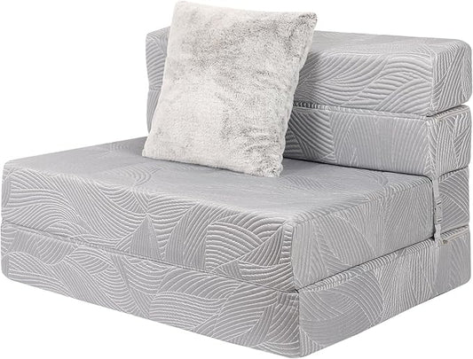 Tri Folding Sofa Mattress, High-Density Memory Foam Sofa Bed with a Fluffy Pillow, Futon Floor Couch Guest Bed, Twin Size, Grey