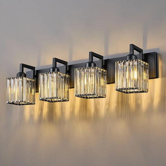 Modern Crystal Bathroom Vanity Light 4-Lights Black Modern Crystal Wall Lamp Bathroom Modern Crystal Vanity Lighting
