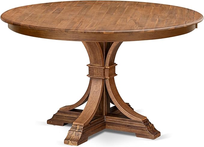 F7MZ5-50N-04 5-Pc Dining Table Set Includes a Pedestal Dinner Table and 4 Light Tan Polyester Fabric Parson Chairs with Padded Back- Antique Walnut