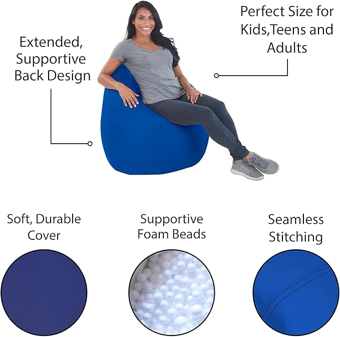 FDP SoftScape Dew Drop Bean Bag Chair with Supportive High-Back Design, For Kids, Teens and Adults, Alternative Seating for Dorms, Schools, Libraries, Daycares or Home - Blue