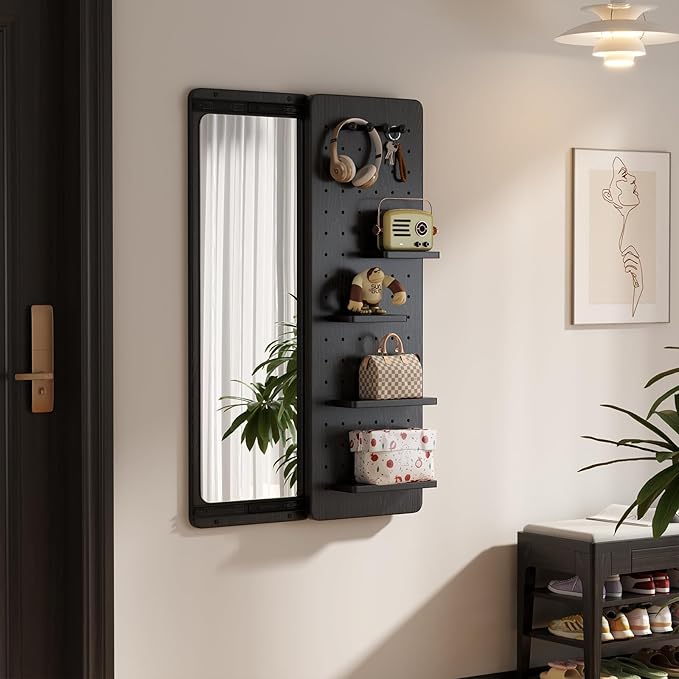 KungFuWood Full Length Mirror with Shelf and Hooks,Entry Way Mirrors for Wall,Wall Mirror with Shelf,Wall Mirror with Storage Multifunctional Design Panel,Living Room