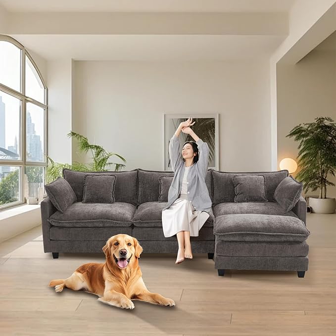 Furniliving 112‘’ L-Shaped Sofa, Luxury Chenille Modular Sectional Couches with Ottoman, Upholstered Deep Seat Sleeper Sofa with Memory Foam and Waist Pillows, Grey