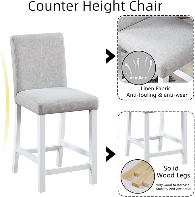 Dining Table Set for 4, 5-Piece Dining Room Table Set with Square Crystal Decoration Table & 4 Upholstered Backrest Chairs, Counter Height Kitchen Sets with Wood Grain & Footrest, White