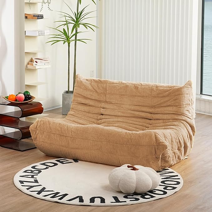 N&V Fireside Loveseat, Mid Century Armless Twin Size Floor Sofa, Soft Premium Corduroy Floor Lounge Chair, Foam Sofa Accent Chair for Living Room Bedroom and Office (Beige)