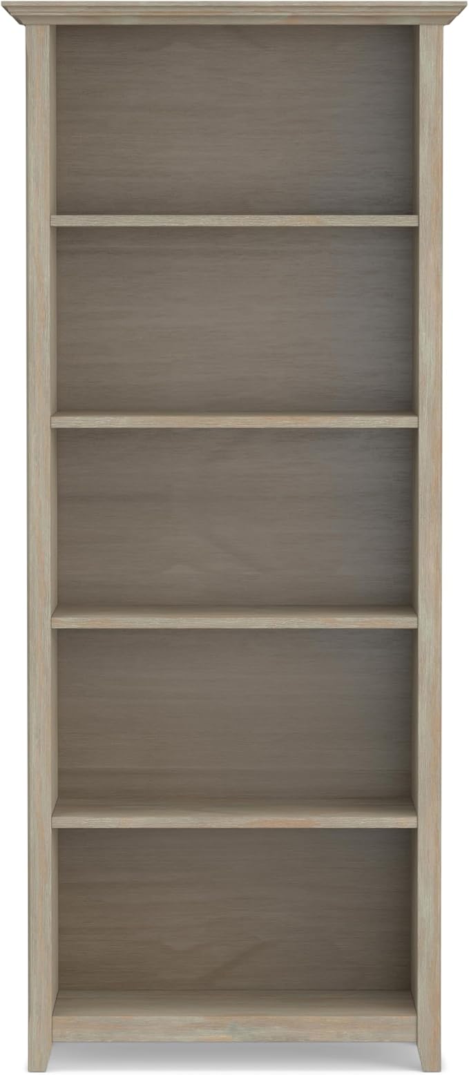 SIMPLIHOME Amherst Bookcase - 70 inch Tall 5-Shelf Solid Wood Bookshelf in Distressed Grey, Transitional Storage for Living Room, Study Room or Office with Adjustable Shelves and Tapered Legs