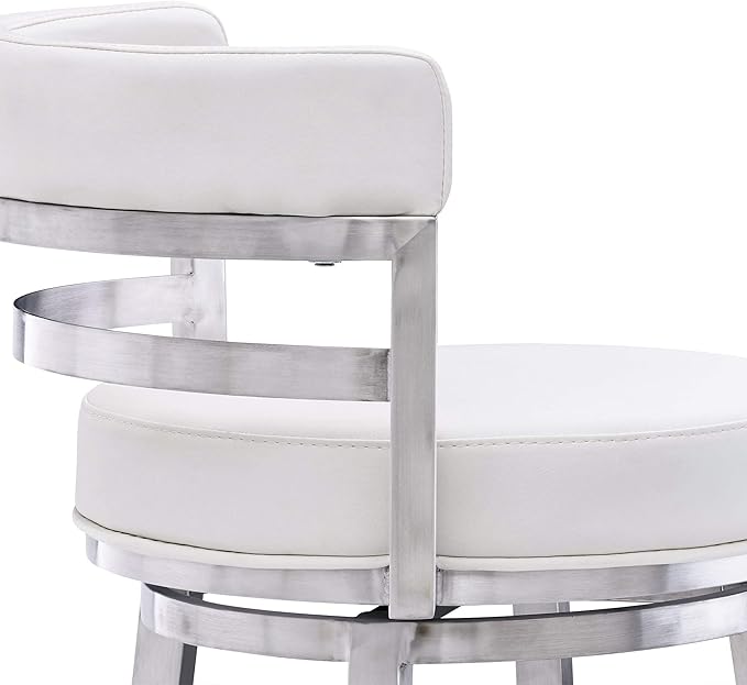 Armen Living Titana 30" Bar Height Swivel White Faux Leather and Brushed Stainless Steel Bar Stool