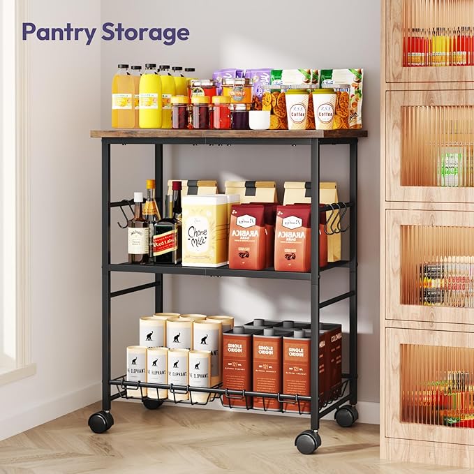 SWTYMIKI Rolling Kitchen Microwave Cart - 3 Tier Microwave Table Stand with Storage Basket and Hooks, Kitchen Utility Cart on Wheels, Coffee Cart Shelf Rack Organizer for Living Room Office, Balcony