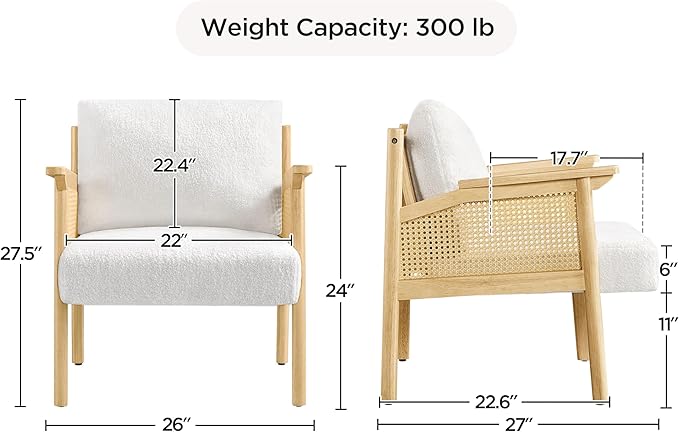 Yaheetech Accent Chair, Boucle Vanity Chair with Rattan Back Arms, Mid Century Chair Upholstered Living Room Chair Lounge Chair Bedroom Balcony White