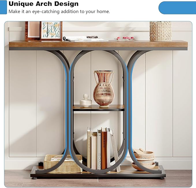 GiftGo Narrow Console Table for Entryway Industrial Sofa Table Behind Couch Ellipse Frame Rustic Wooden Accent Tables with Storage Shelves for Living Room, Hallway, Foyer (Brown)